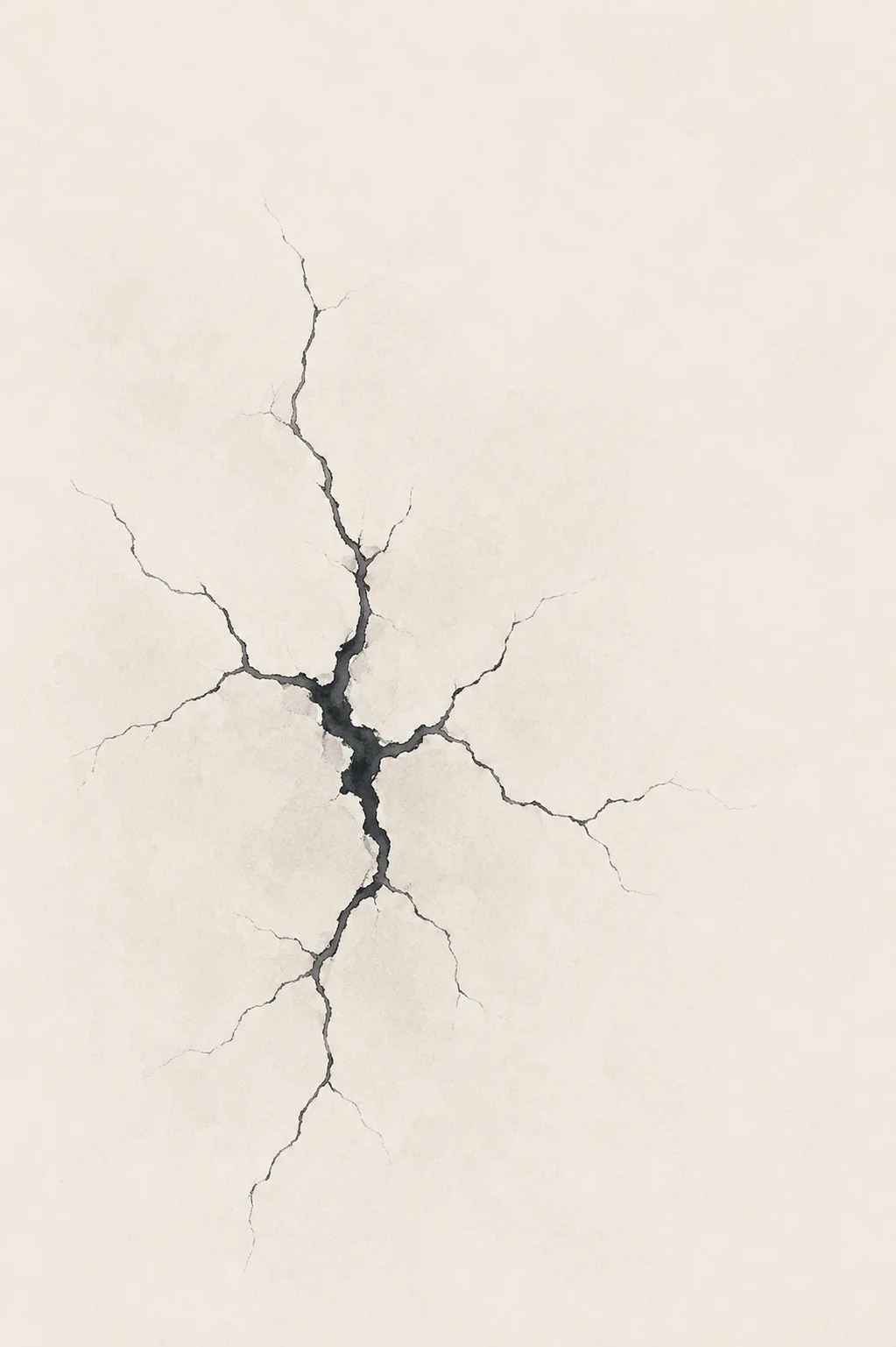 Minimal Scandinavian illustration of a dark branching earth crack spreading from a central fracture point across a warm off-white background with expansive negative space.