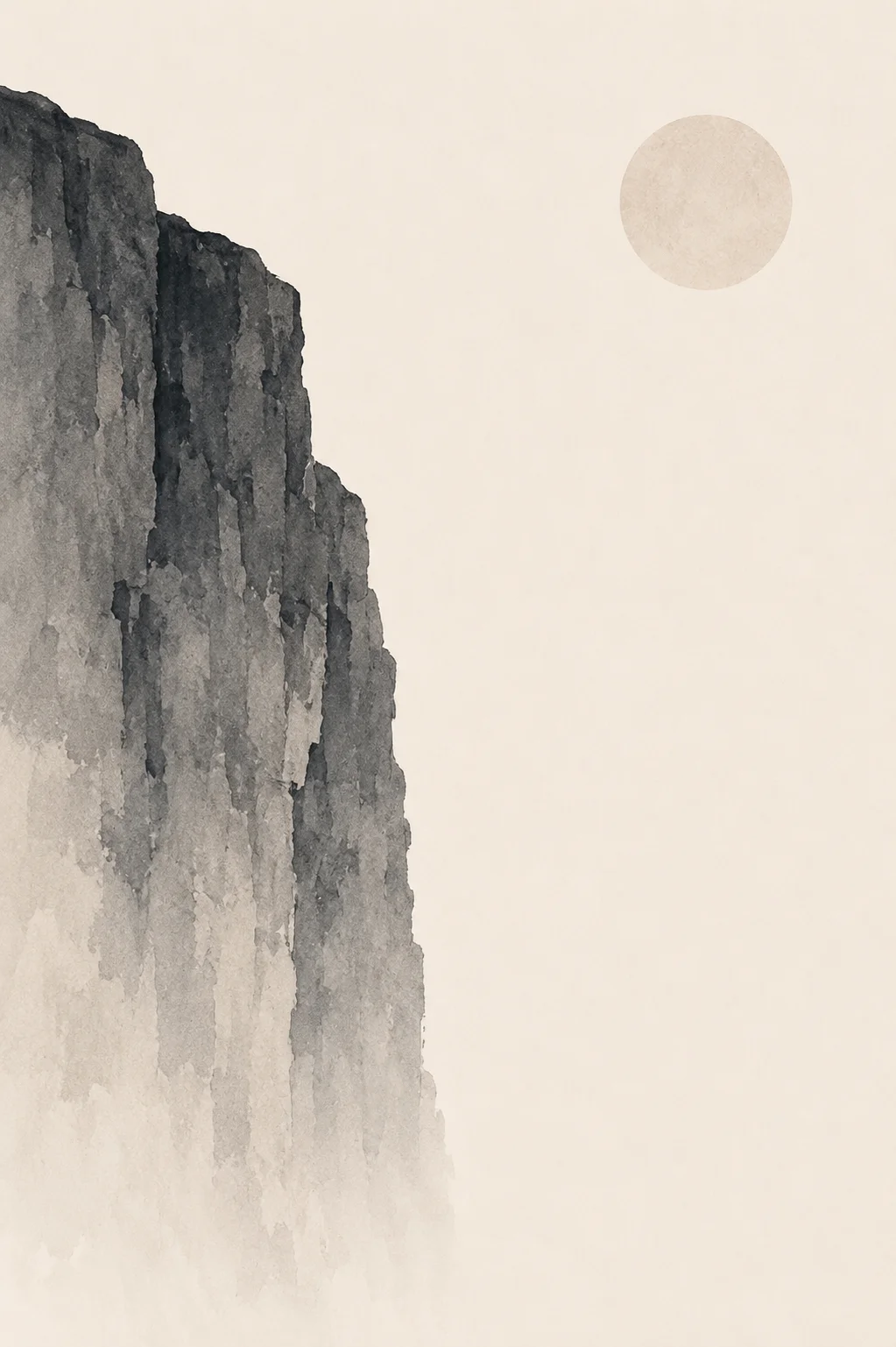 Minimal Scandinavian illustration of a tall muted charcoal cliff rising along the left edge beside expansive warm off-white negative space, with a pale circular element in the upper right.