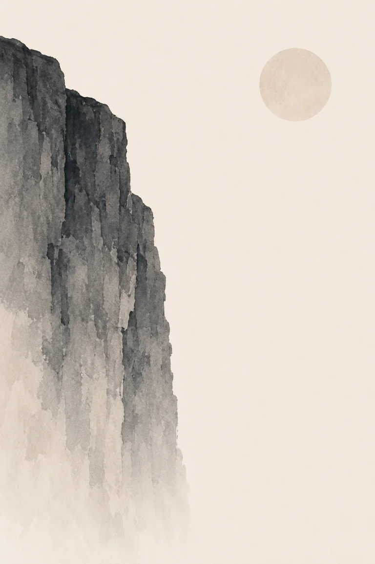 Minimal Scandinavian illustration of a tall muted charcoal cliff rising along the left edge beside expansive warm off-white negative space, with a pale circular element in the upper right.