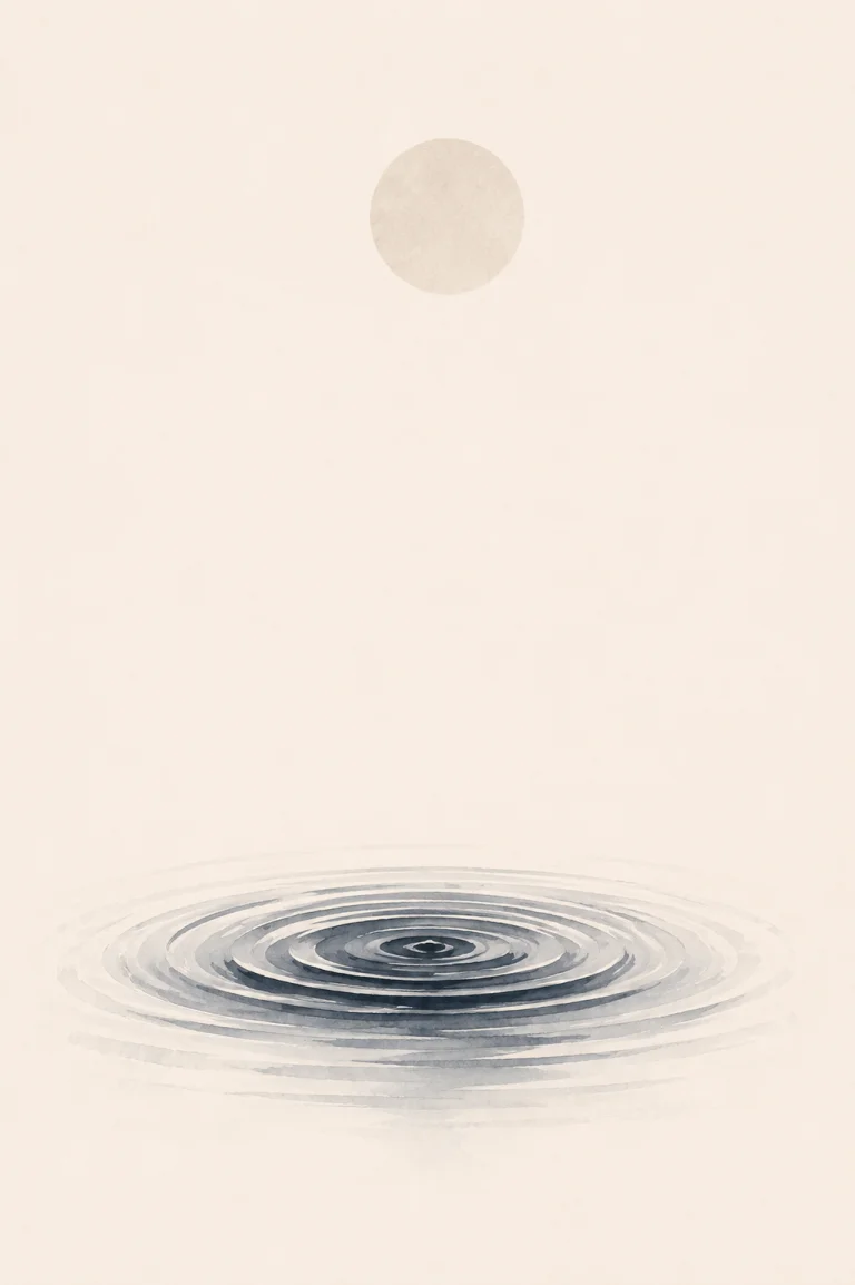 Minimal Scandinavian illustration of several thin elliptical water ripples expanding from a single disturbance near the lower center, surrounded by expansive warm off-white negative space and a pale circular element above.