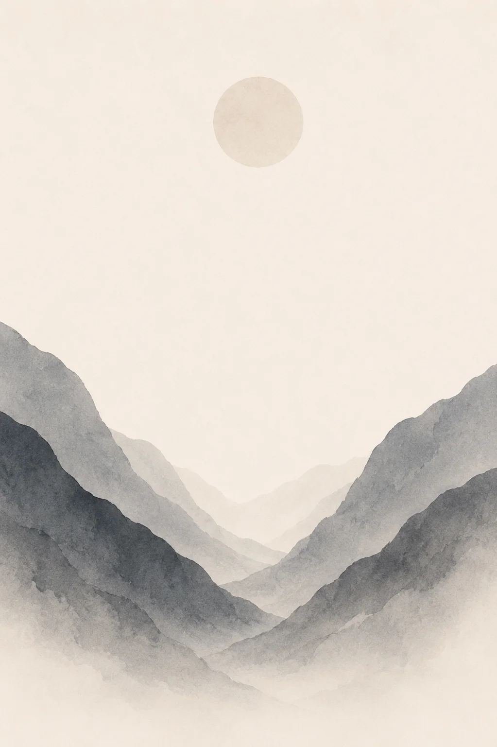 Minimal Scandinavian illustration of a quiet open valley enclosed by muted mountain masses on both sides, with soft layered forms, a pale circular element above, and expansive negative space.