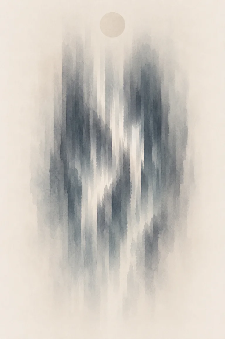 Minimal Scandinavian illustration of Northern Lights formed by soft vertical gray-blue light veils fading gently downward against a quiet pale background.