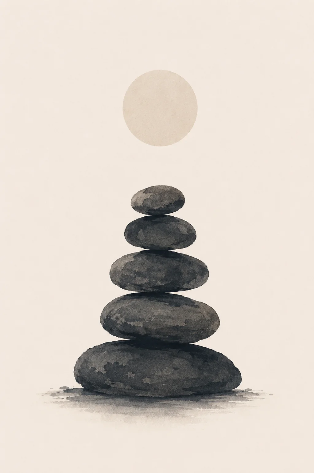 Minimal Scandinavian illustration of a balanced stack of stones decreasing in size from bottom to top, with a pale circular element and generous negative space on a warm off-white background.