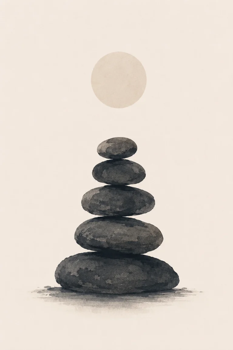 Minimal Scandinavian illustration of a balanced stack of stones decreasing in size from bottom to top, with a pale circular element and generous negative space on a warm off-white background.