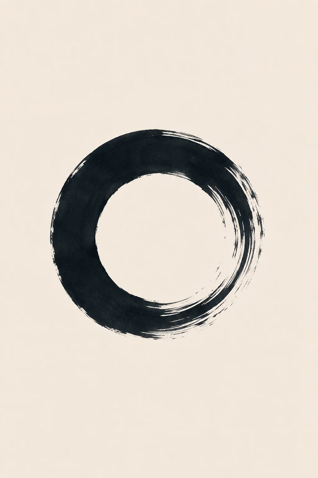 Minimal Scandinavian abstract artwork with one imperfect dark circular brush form surrounding an empty central void on a warm off-white background with generous negative space.
