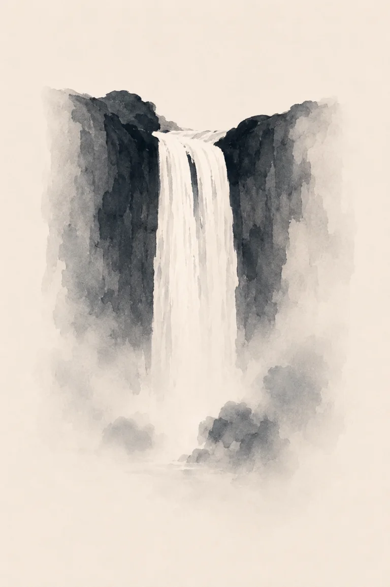 Minimal Scandinavian illustration of a single pale waterfall descending vertically between dark rock masses, with soft mist and generous negative space.