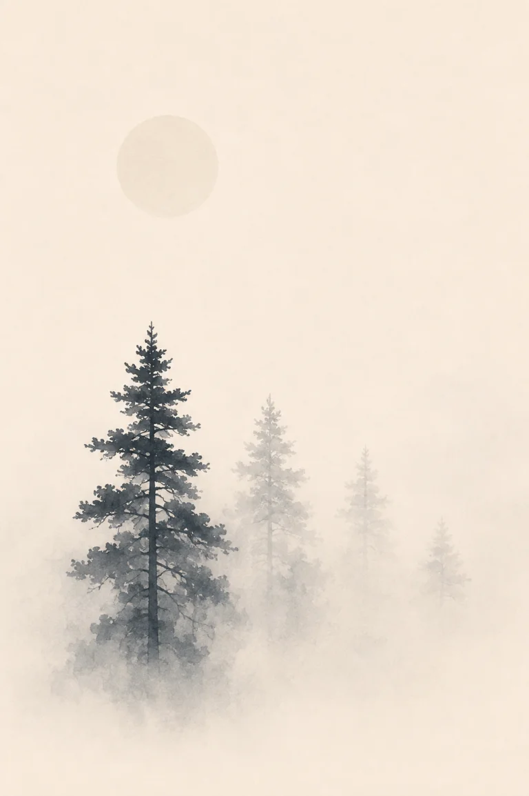 Minimal Scandinavian illustration of sparse pine trees gradually fading into pale fog and open negative space, with muted gray tones on a warm off-white background.