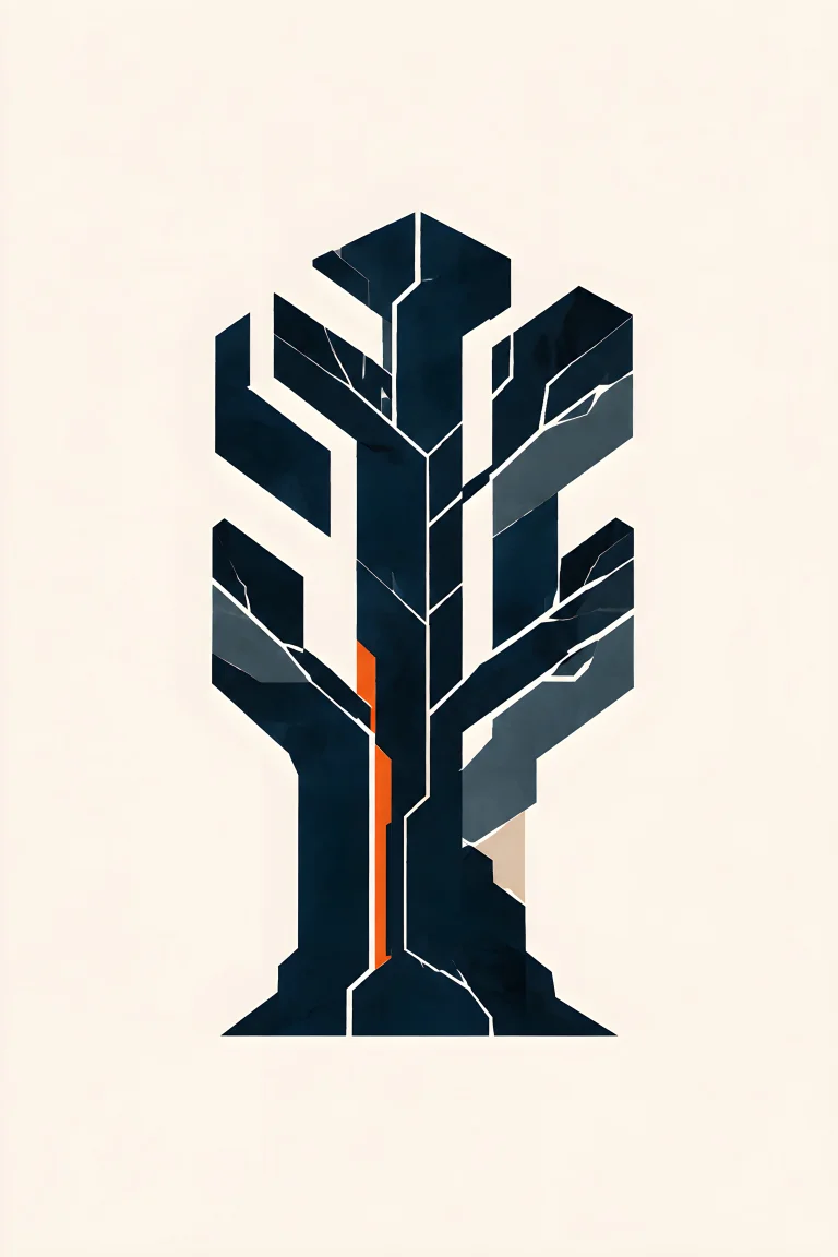 Minimal Nordic structural graphic with a tall dark vertical mass dividing into angular branches, controlled internal branching lines, muted blue-gray planes, and a small warm accent on a light neutral background.