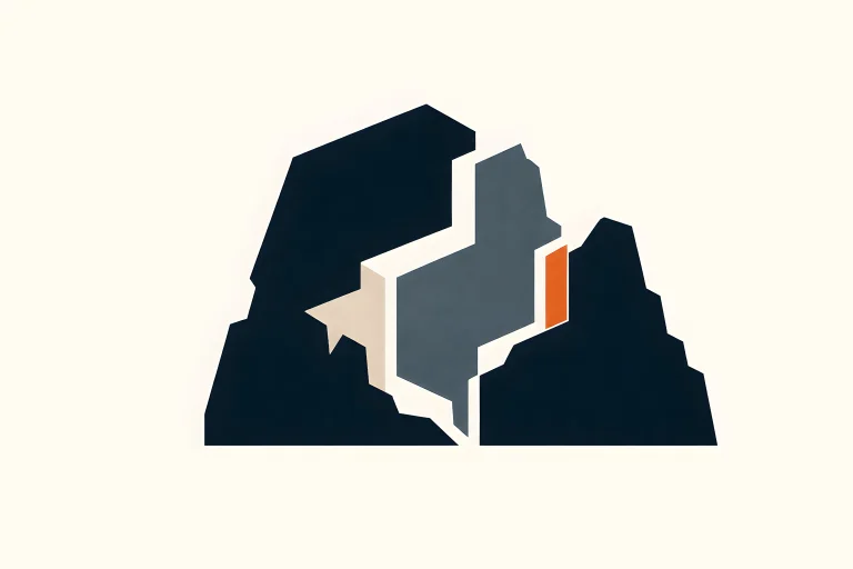 Minimal Nordic structural graphic with a wide asymmetric dark mass, a smaller opposing form, a major light-colored cutaway, muted blue-gray planes, and a narrow warm accent on a light neutral background.