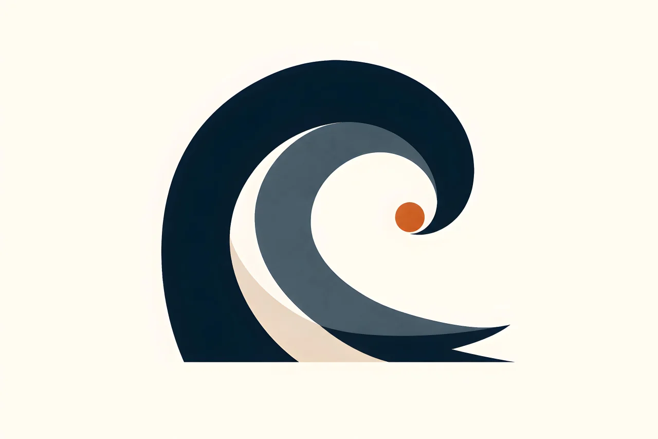 Minimal Nordic structural graphic with a large inward-curling dark form, layered neutral and blue-gray bands, an open internal void, and a small warm circular accent on a light neutral background.