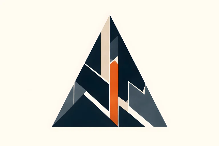 Minimal Nordic structural graphic with a sharply rising triangular dark mass, interlocked geometric planes, pale and blue-gray divisions, internal void channels, and a narrow vertical warm accent on a light neutral background.