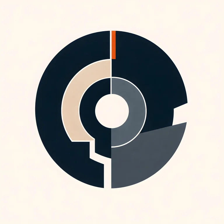 Minimal Nordic structural graphic with a dense circular dark mass, central circular void, broken offset segments, pale and blue-gray internal arcs, and a narrow warm vertical accent on a light neutral background.