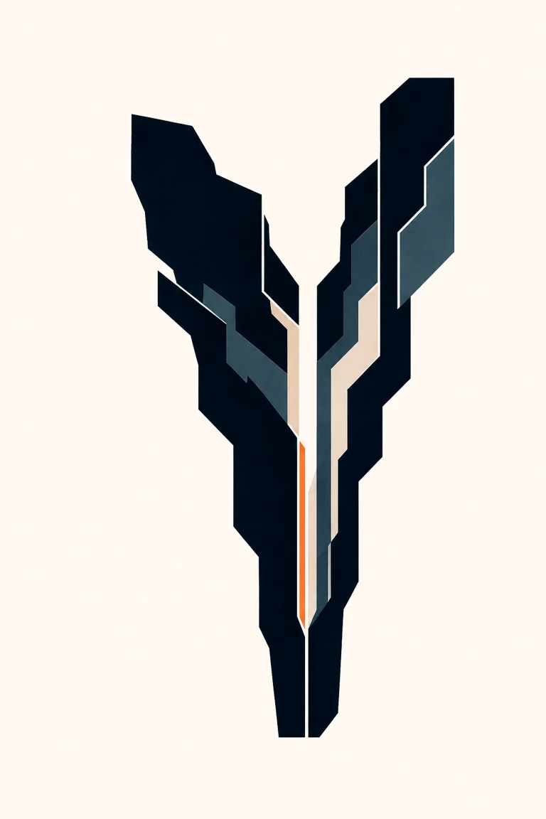 Minimal Nordic structural graphic with a strong lower central mass dividing into two asymmetric angular upper arms, internal blue-gray and pale planes, a central void, and a narrow warm accent on a light neutral background.