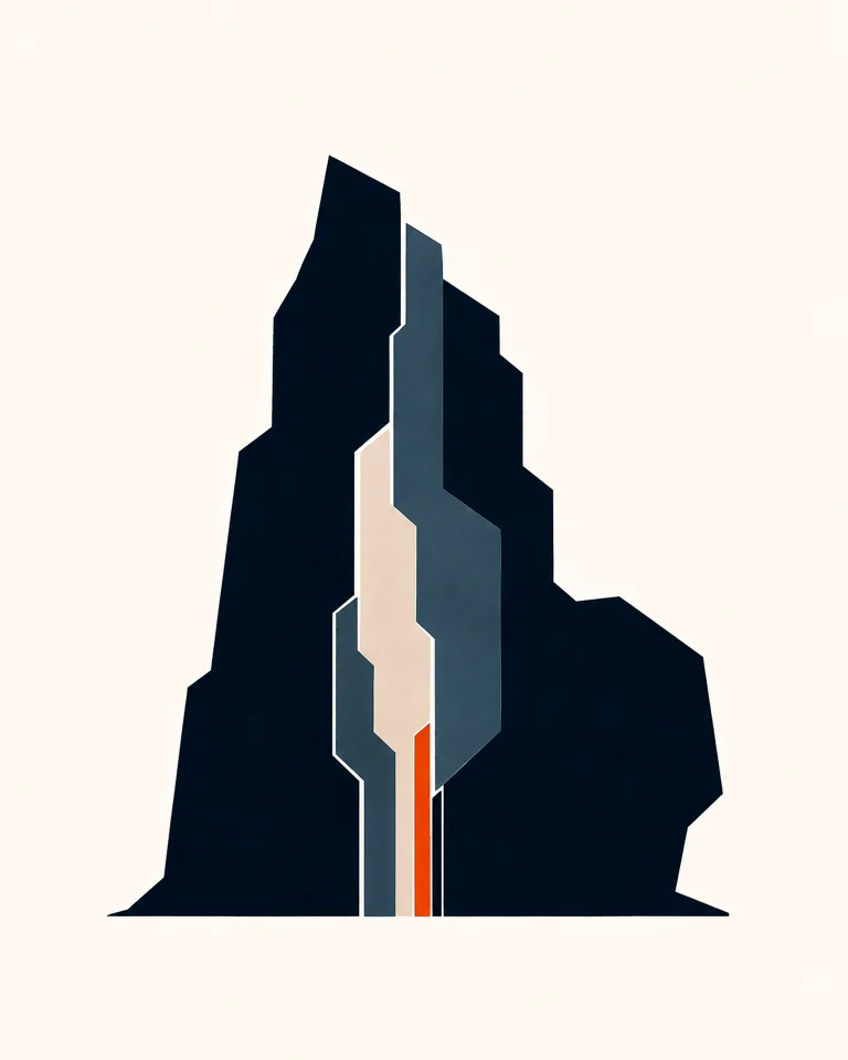 Minimal Nordic structural graphic with a heavy irregular asymmetric mass, strong vertical internal divisions, dark outer planes, pale and blue-gray layers, and a narrow warm vertical accent on a light neutral background.