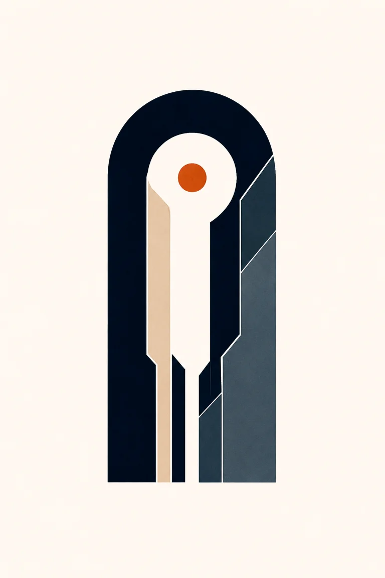Minimal Nordic structural graphic with a tall rounded arch-like outer mass surrounding a dominant central void, pale and blue-gray vertical layers, and a small warm circular accent on a light neutral background.