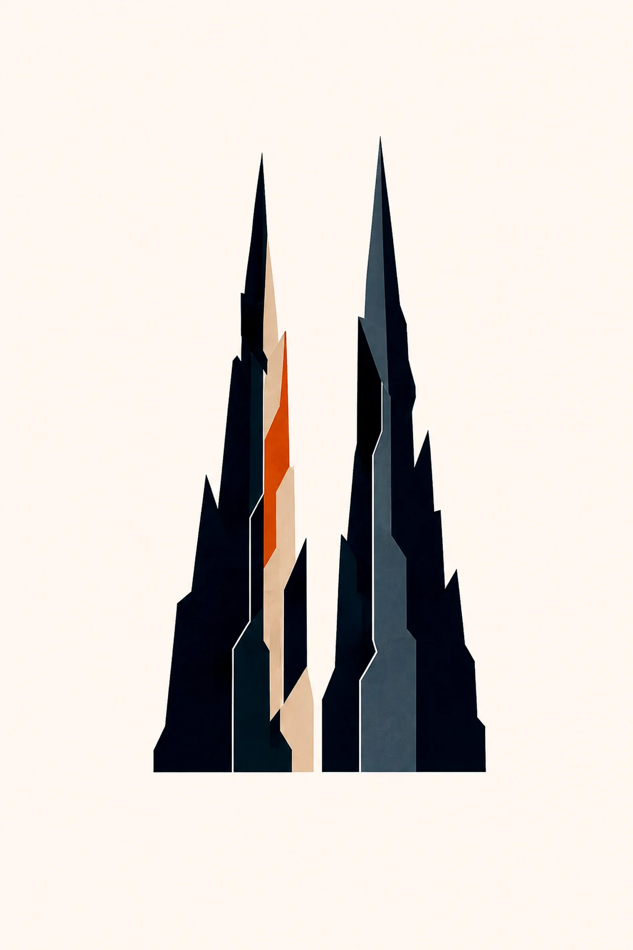 Minimal Nordic structural graphic with two distinct narrow vertical masses rising from a compact base, irregular dark forms, muted blue-gray layered planes, and a restrained warm vertical accent on a light neutral background.