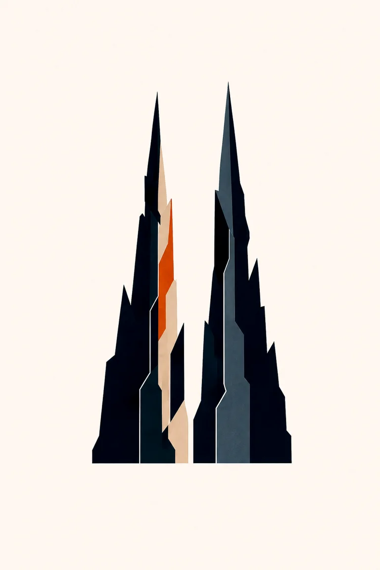 Minimal Nordic structural graphic with two distinct narrow vertical masses rising from a compact base, irregular dark forms, muted blue-gray layered planes, and a restrained warm vertical accent on a light neutral background.