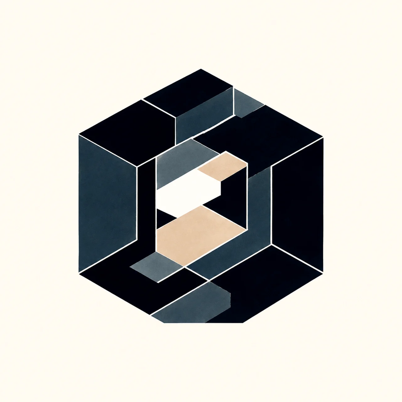 Minimal Nordic structural graphic with a compact hexagonal enclosed silhouette, interlocking dark angular masses, pale and muted blue-gray offset planes, a central negative enclosure, and large surrounding negative space.