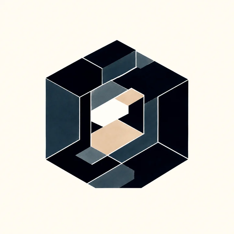 Minimal Nordic structural graphic with a compact hexagonal enclosed silhouette, interlocking dark angular masses, pale and muted blue-gray offset planes, a central negative enclosure, and large surrounding negative space.