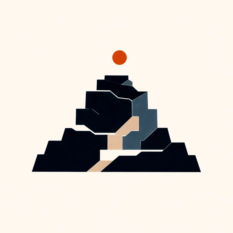 Minimal Nordic structural graphic with a broad stepped silhouette rising through layered dark, pale, and muted blue-gray geometric masses, with controlled negative space and a small warm circular accent.