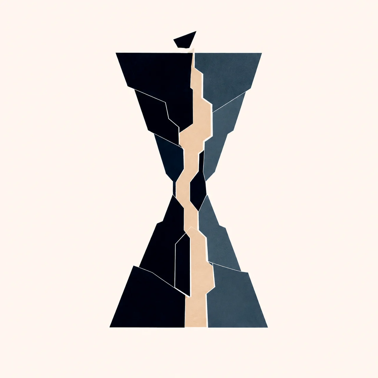 Minimal Nordic structural graphic with broad upper and lower angular masses narrowing into a constricted central passage, offset dark and muted planes, a pale internal path, and large surrounding negative space.