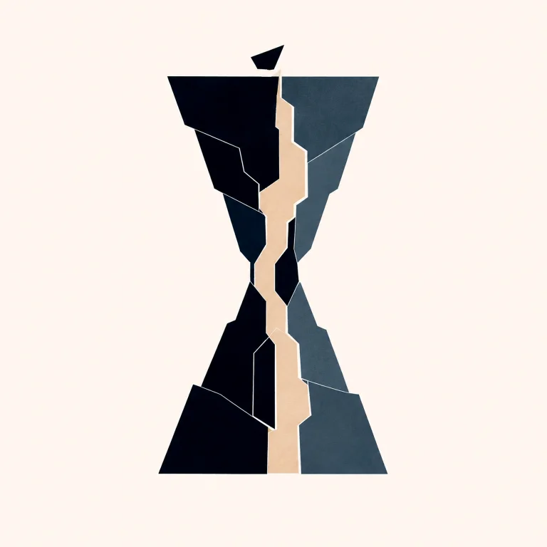 Minimal Nordic structural graphic with broad upper and lower angular masses narrowing into a constricted central passage, offset dark and muted planes, a pale internal path, and large surrounding negative space.