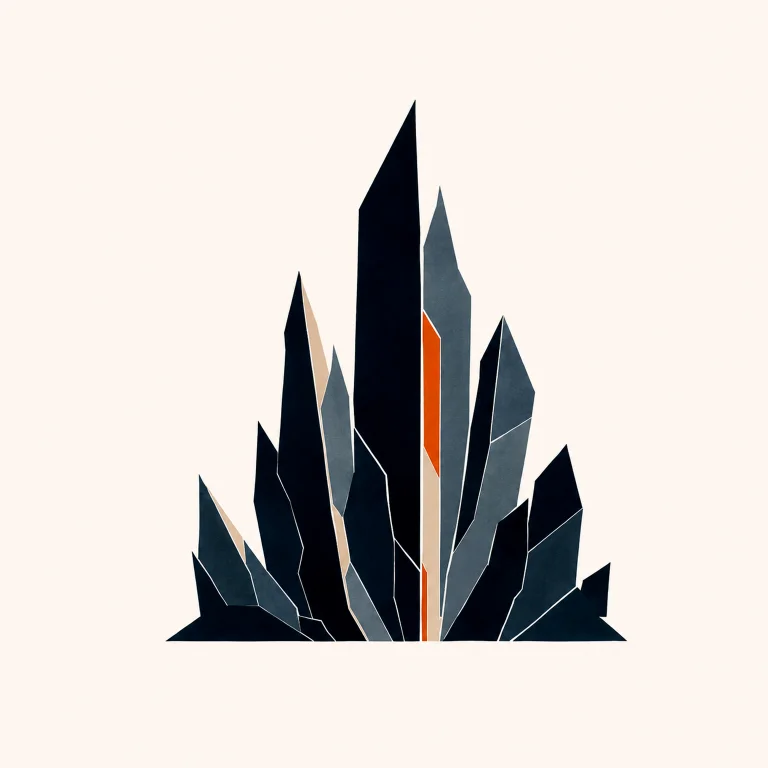 Minimal Nordic structural graphic with multiple uneven shard-like masses rising from a compact shared base, using dark, pale, and muted gray planes with a narrow warm accent and large surrounding negative space.