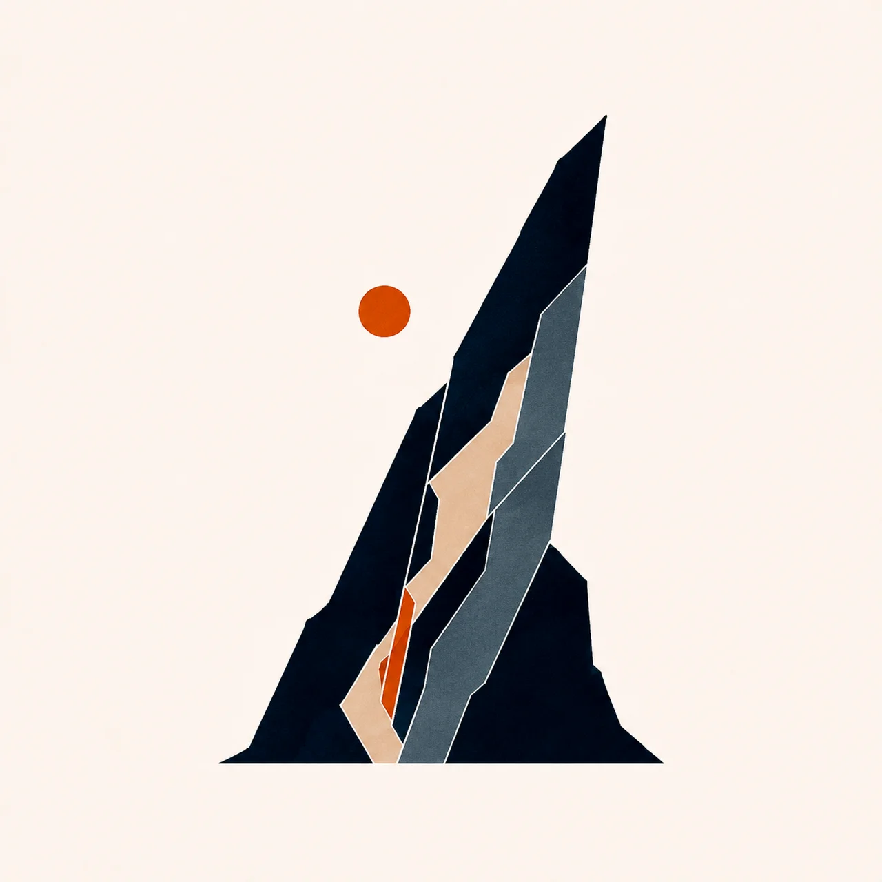 Minimal Nordic structural graphic of a tall tilted natural mass with a stable base, dark dominant body, pale internal divisions, structural voids, and a small warm circular accent surrounded by large negative space.