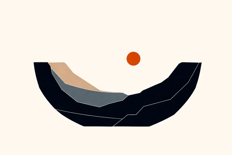 Minimal Nordic structural graphic with a wide low concave silhouette, raised sides, layered curved bands, dark outer mass, pale internal planes, open central space, and a small warm circular accent above the inner opening.