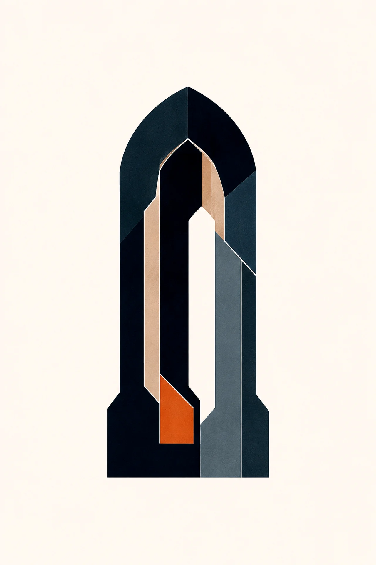 Minimal Nordic structural graphic with a tall narrow enclosing silhouette, rounded upper form, central vertical void, interlocking dark and pale planes, muted blue-gray interior, and a restrained warm accent near the lower opening.
