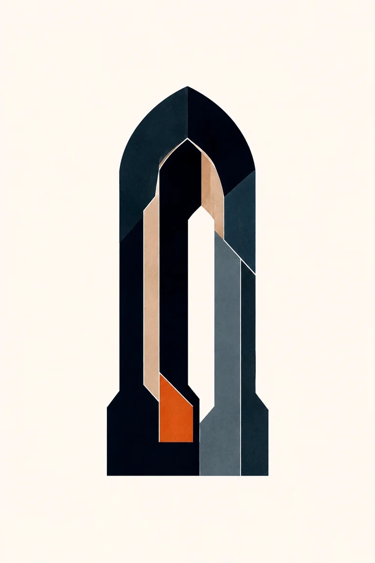 Minimal Nordic structural graphic with a tall narrow enclosing silhouette, rounded upper form, central vertical void, interlocking dark and pale planes, muted blue-gray interior, and a restrained warm accent near the lower opening.
