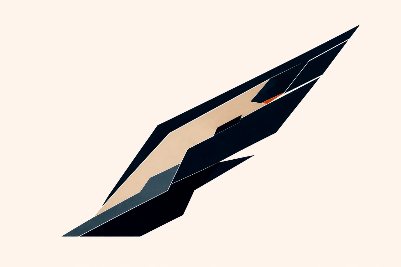 Minimal Nordic structural graphic with a long sweeping diagonal silhouette, broad dark structural plane, pale directional layer, muted gray secondary plane, controlled angular breaks, and large surrounding negative space.
