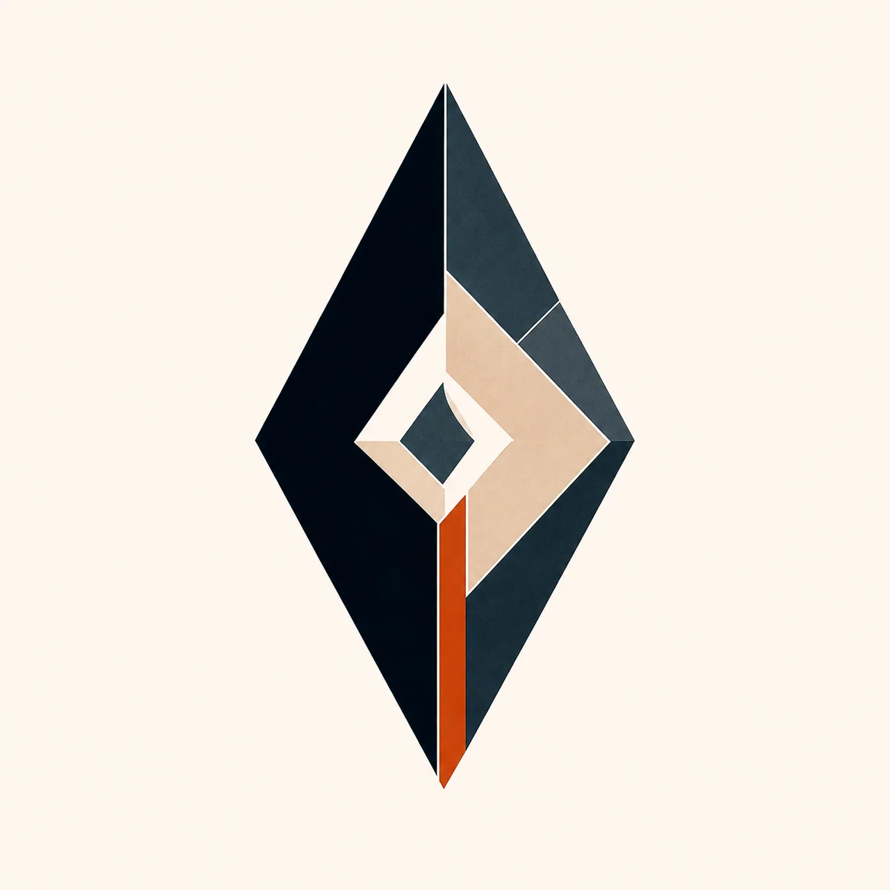 Minimal Nordic structural graphic with a compact vertically pointed silhouette, interlocking dark facets, pale geometric divisions, a controlled central void, narrow warm accent, and large surrounding negative space.