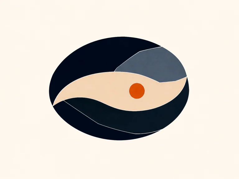 Minimal Nordic structural graphic with a compact dark elliptical outer mass, broad pale internal sweep, muted blue-gray structural division, layered offset planes, a small warm circular accent, and large surrounding negative space.