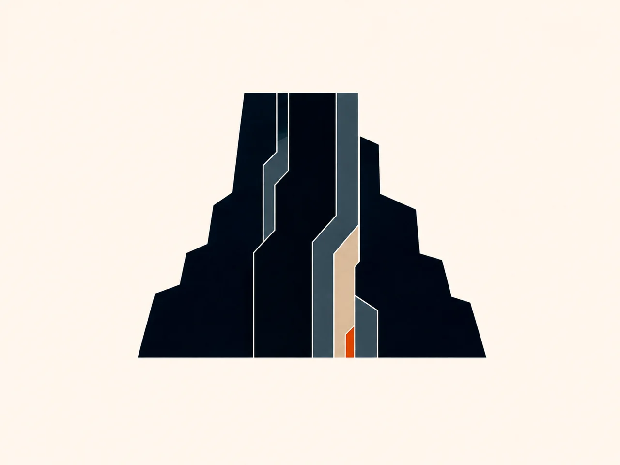 Minimal Nordic structural graphic with a compact group of uneven dark vertical masses, muted blue-gray planes, pale internal separations, a narrow warm accent, and large surrounding negative space.