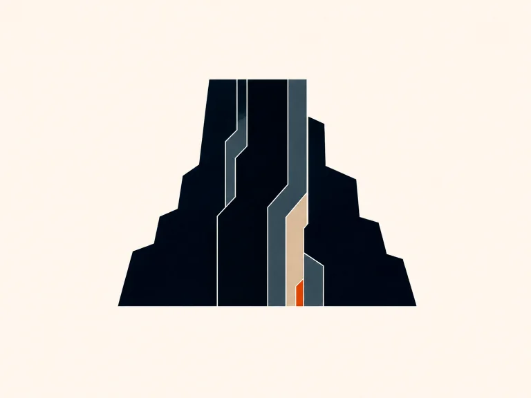 Minimal Nordic structural graphic with a compact group of uneven dark vertical masses, muted blue-gray planes, pale internal separations, a narrow warm accent, and large surrounding negative space.