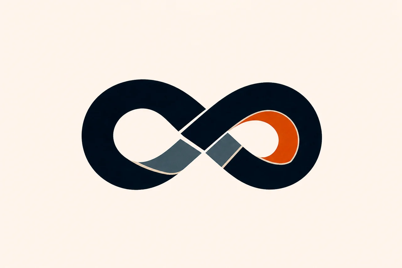 Minimal Nordic structural graphic with a horizontal interwoven form, two strong loops, a central crossing, dark and muted gray masses, a restrained warm segment, internal voids, and large surrounding negative space.