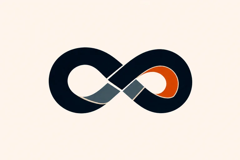 Minimal Nordic structural graphic with a horizontal interwoven form, two strong loops, a central crossing, dark and muted gray masses, a restrained warm segment, internal voids, and large surrounding negative space.
