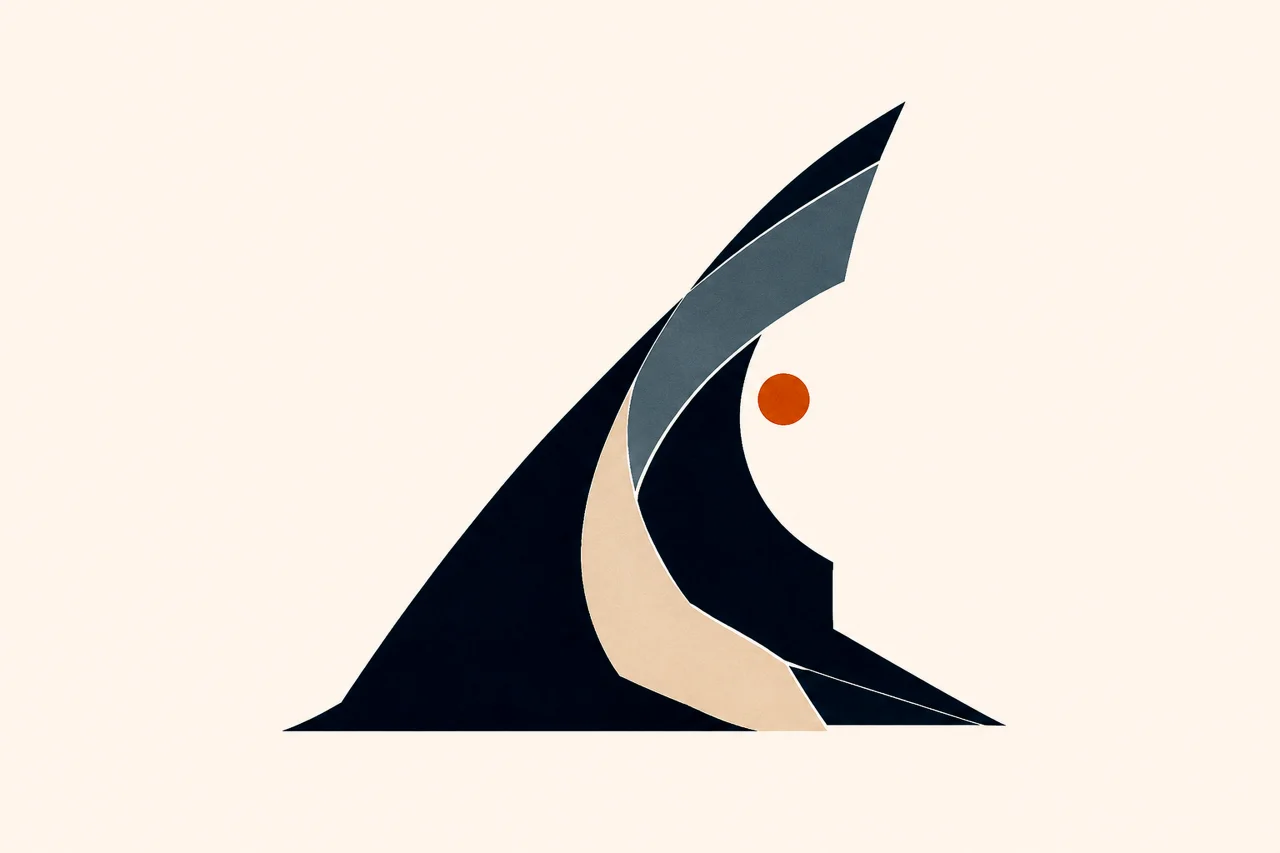 Minimal Nordic structural graphic with a tall sweeping curved triangular form, dark outer mass, pale internal plane, muted blue-gray layer, small warm circular accent, and large surrounding negative space.