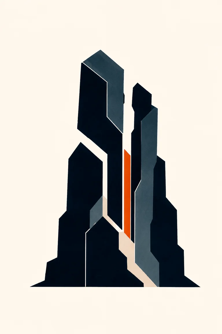 Minimal Nordic structural graphic formed by several tall fractured vertical masses of unequal height, dark and muted structural planes, controlled internal voids, a narrow warm accent, and large surrounding negative space.
