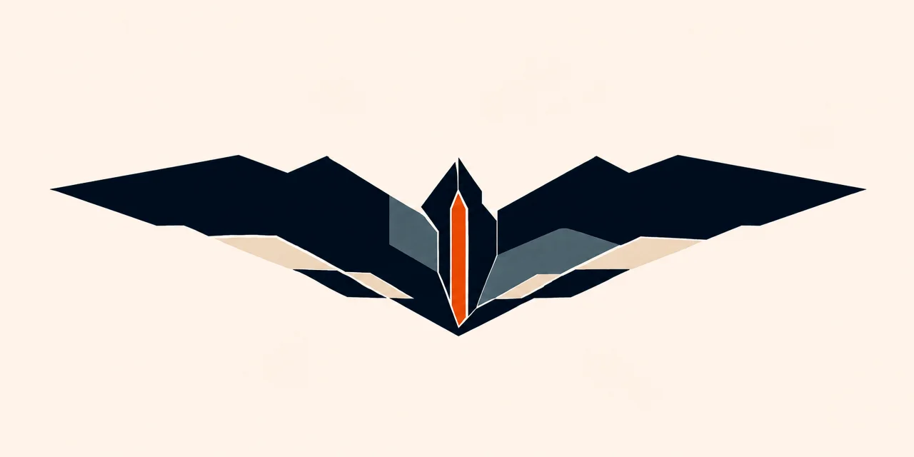 Minimal Nordic structural graphic with a very broad horizontal dark mass expanding left and right from a lower central convergence, pale and muted internal cutaways, structural voids, a narrow warm vertical accent, and large negative space.