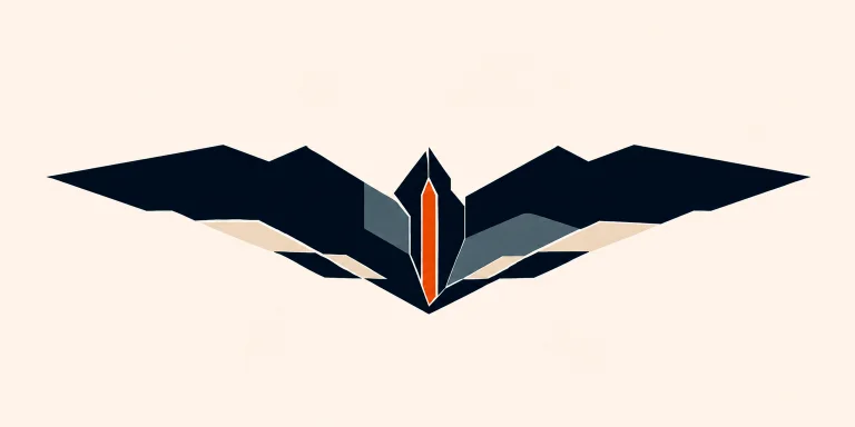 Minimal Nordic structural graphic with a very broad horizontal dark mass expanding left and right from a lower central convergence, pale and muted internal cutaways, structural voids, a narrow warm vertical accent, and large negative space.