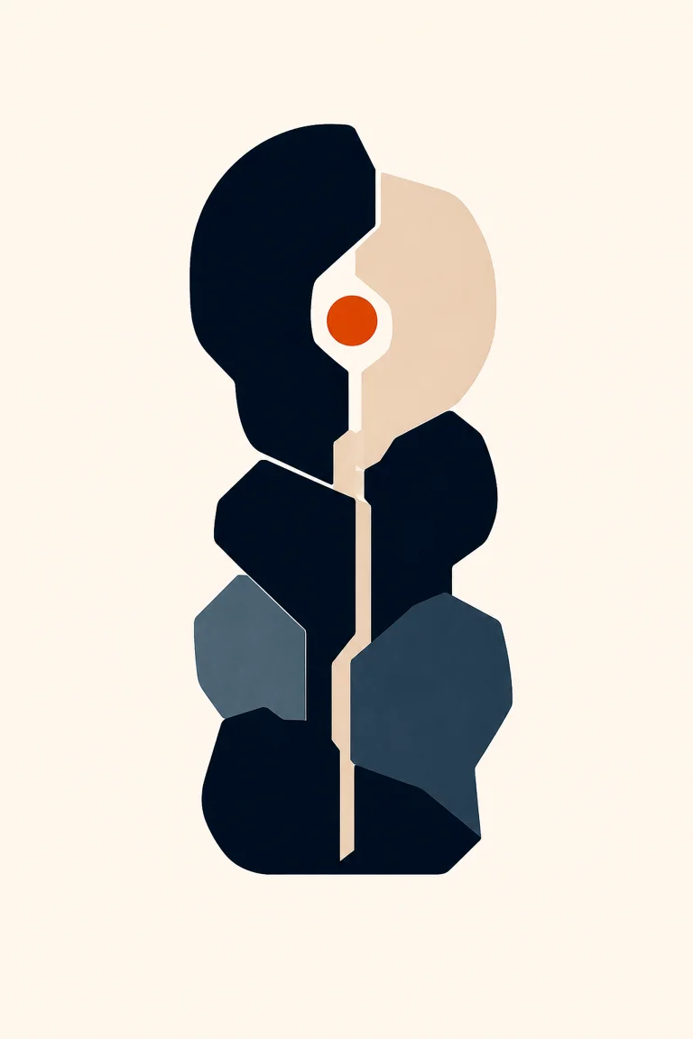 Minimal Nordic structural graphic composed of a compact vertical stack of distinct dark geometric masses, pale internal divisions, muted secondary planes, a small warm circular accent near the upper interior, and large surrounding negative space.