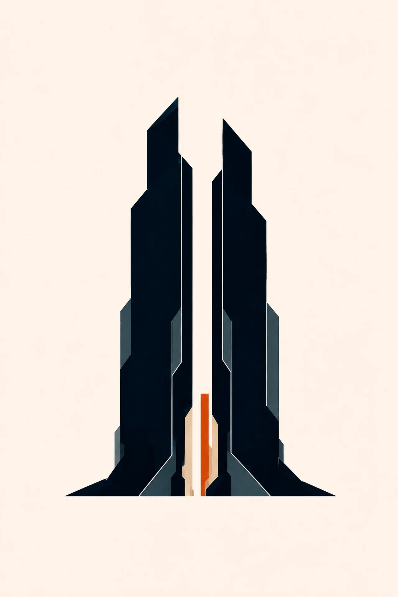 Minimal Nordic structural graphic with two tall narrow dark masses separated by a strong central vertical void, pale and muted internal cutaway layers, a narrow warm accent, compact lower grounding, and large surrounding negative space.