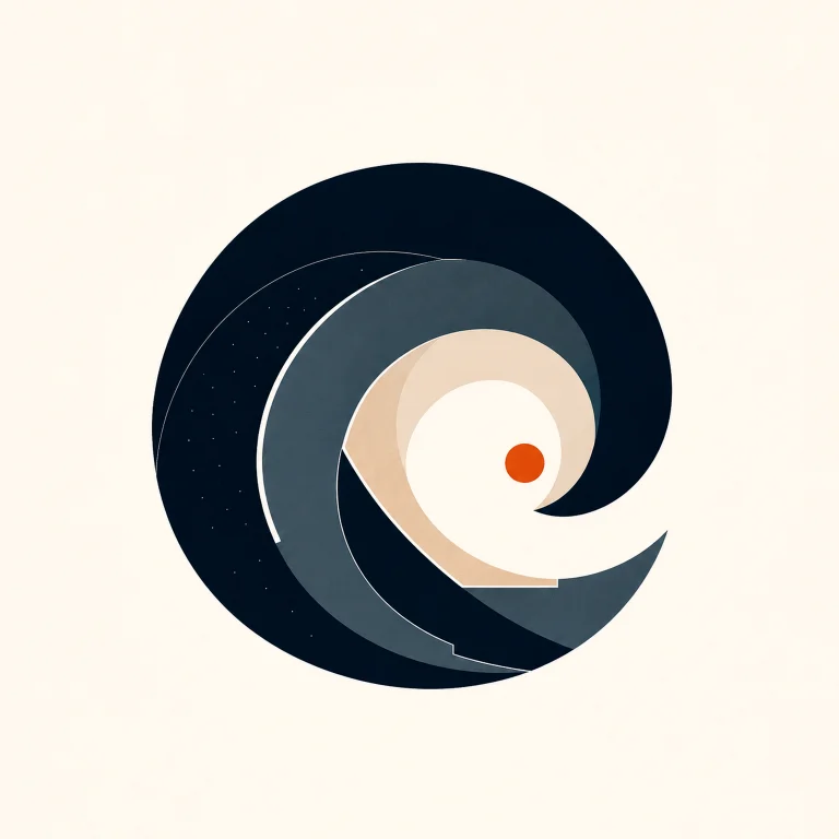 Minimal Nordic structural graphic with a compact inward-turning spiral silhouette, large dark curved masses, pale and muted internal layers, controlled linework, a small warm circular accent, and large surrounding negative space.
