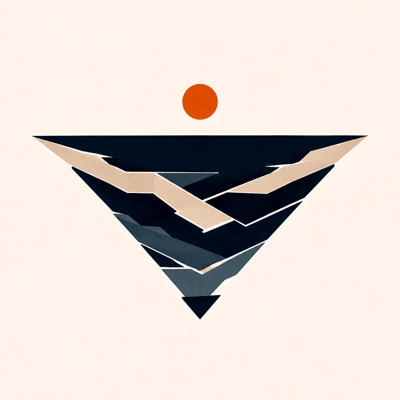 Minimal Nordic structural graphic with a broad dark upper mass, downward-pointing layered planes, pale and muted internal divisions, controlled voids, and a small warm circular accent suspended above the main structure.