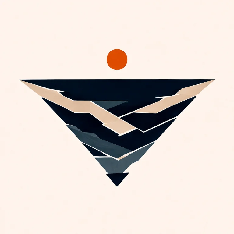 Minimal Nordic structural graphic with a broad dark upper mass, downward-pointing layered planes, pale and muted internal divisions, controlled voids, and a small warm circular accent suspended above the main structure.