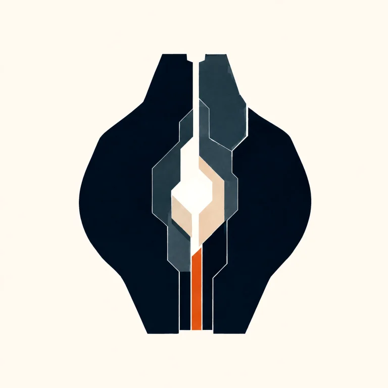 Minimal Nordic structural graphic with broad organic outer sides, a vertically contained dark mass, pale central geometric opening, muted blue-gray supporting planes, a narrow warm vertical accent, and large surrounding negative space.