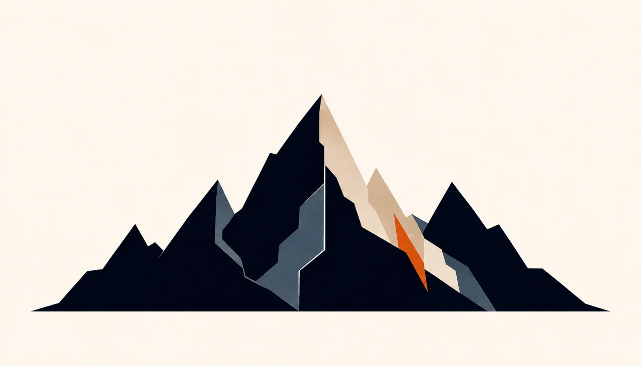 Minimal Nordic structural graphic with a broad connected range of uneven peaks, a dominant dark horizontal mass, pale and muted internal planes, a restrained warm accent, and large negative space above.
