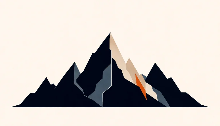 Minimal Nordic structural graphic with a broad connected range of uneven peaks, a dominant dark horizontal mass, pale and muted internal planes, a restrained warm accent, and large negative space above.